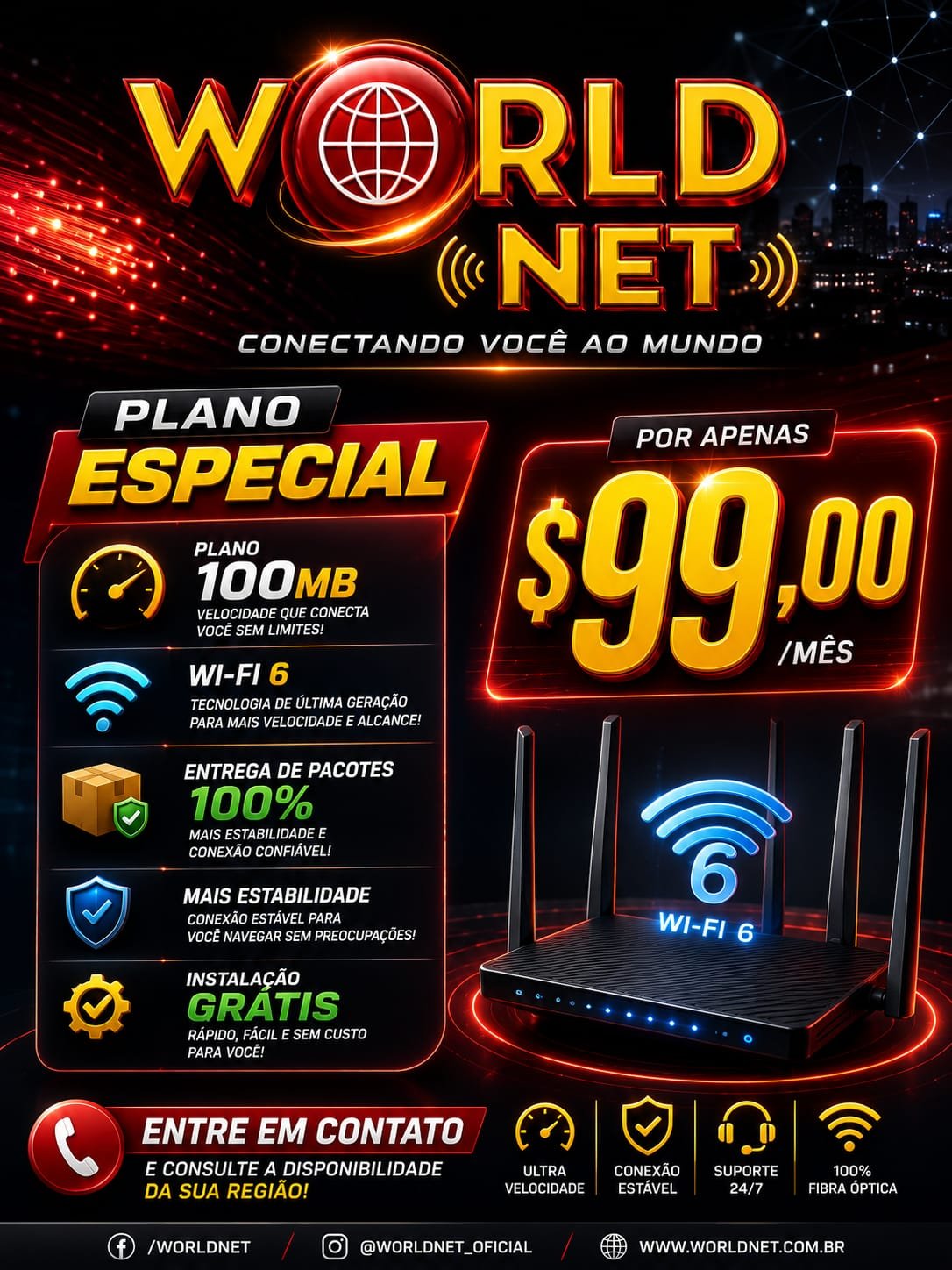 Arte da WorldNET com planos urbanos de 50, 70, 100 e 200 Mb e instalação grátis